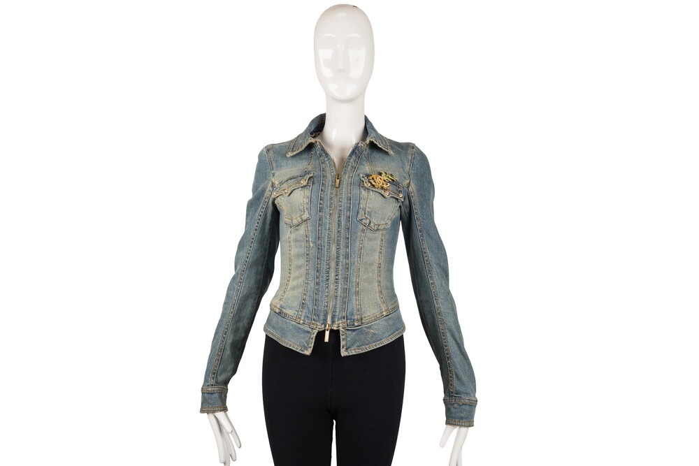 Roberto Cavalli Blue Denim Zip Front Jacket Gold Hardware Size 40
